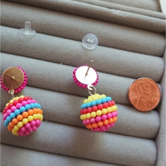 Seed Beaded Ball Drop Earrings - pink/yellow/light pink color combo - Picture 5 of 7